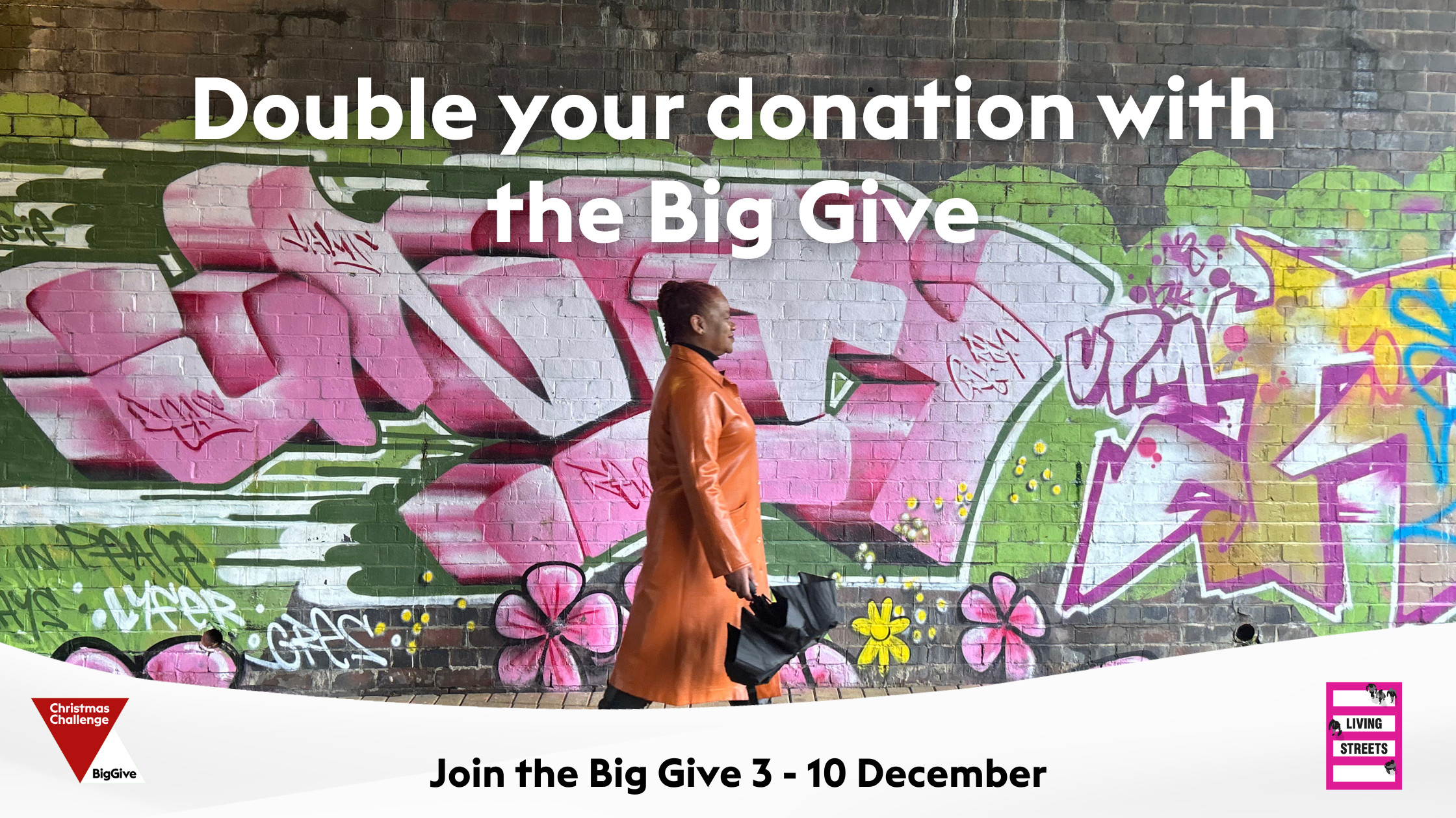 A graphic with a woman walking alongside a wall. Double your donation with the Big Give