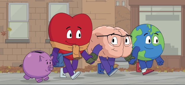 A Piggy Bank, Heart, Brain and Earth with smiley faces and arms and legs are walking down an autumnal street, hand in hand.