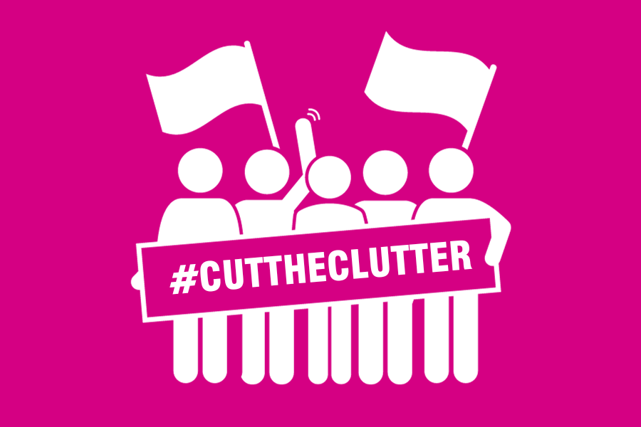 a graphic of people holding up cut the clutter placard