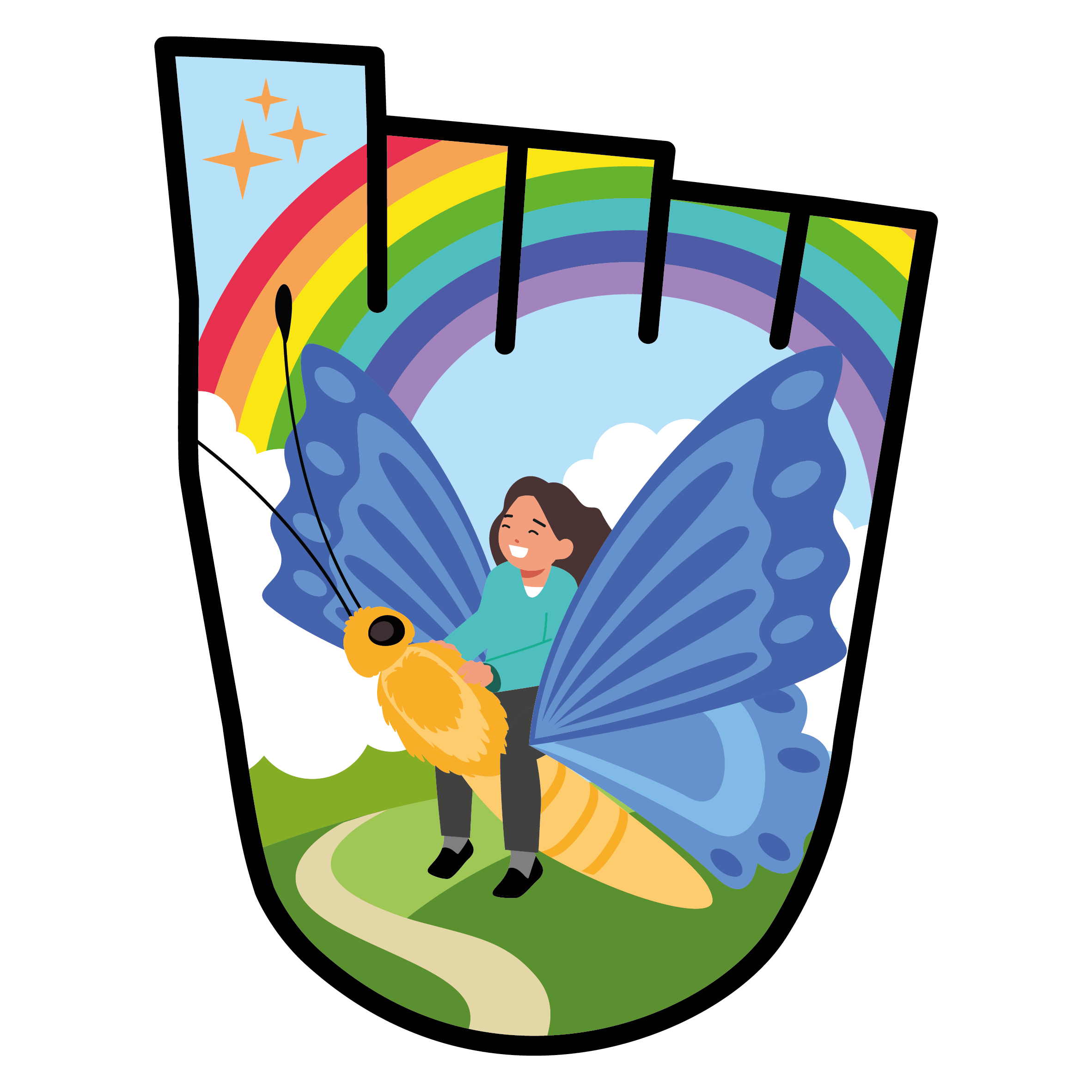 a little girl rides a butterfly with a rainbow behind her