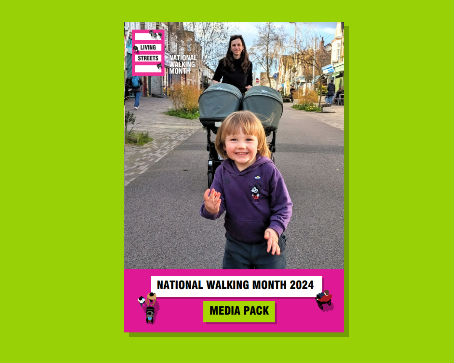 A young child smiles and waves in the foreground with a woman behind him on a street, featuring text about national walking month 2024 and a "media pack" label.