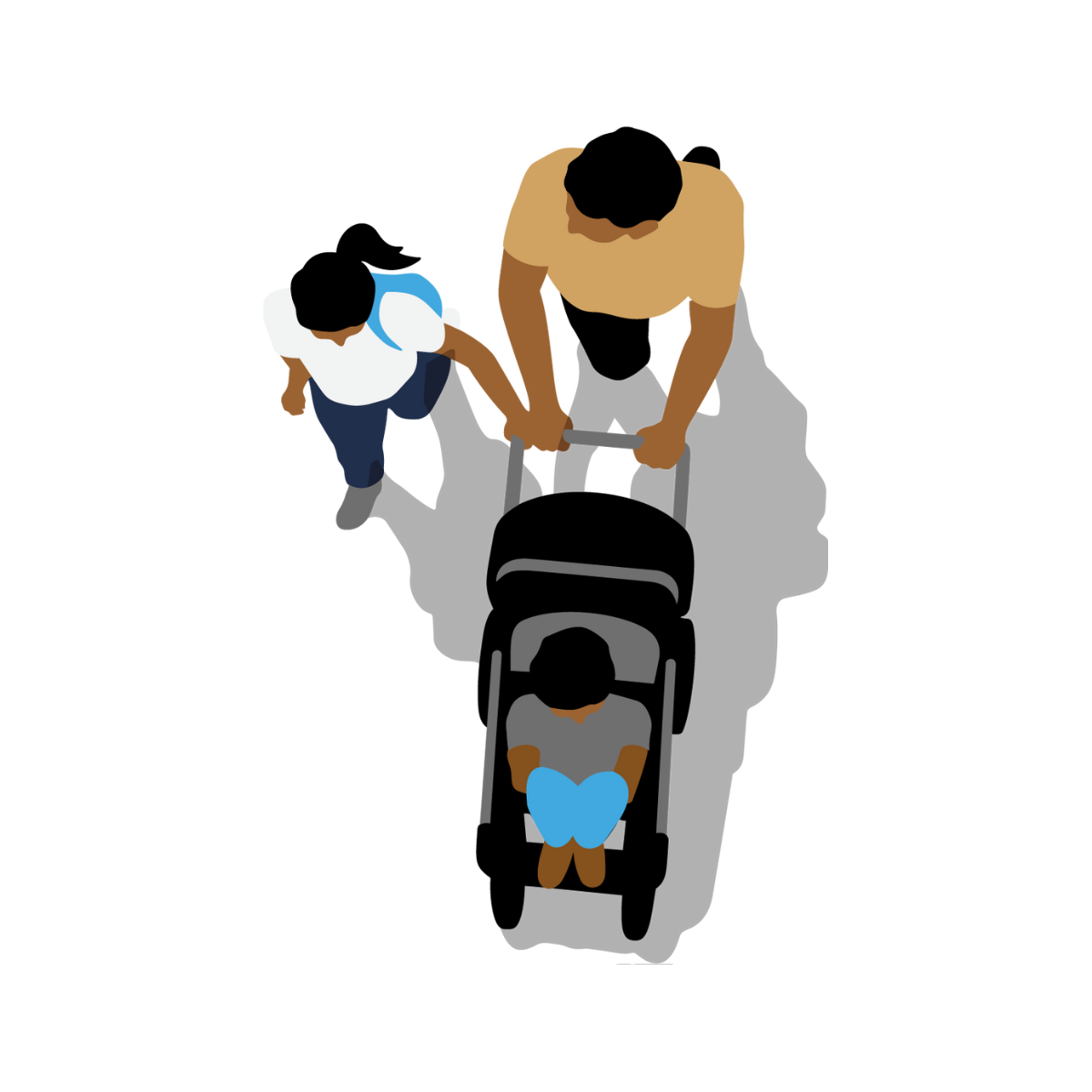 a man pushes a pram with a small child inside, while a little girl holds on to the pram at his side