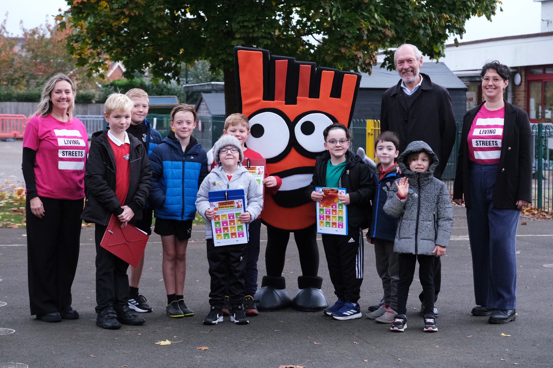 John Griffiths MS with pupils from Durand Primary School and Living Streets' staff and mascot, Strider