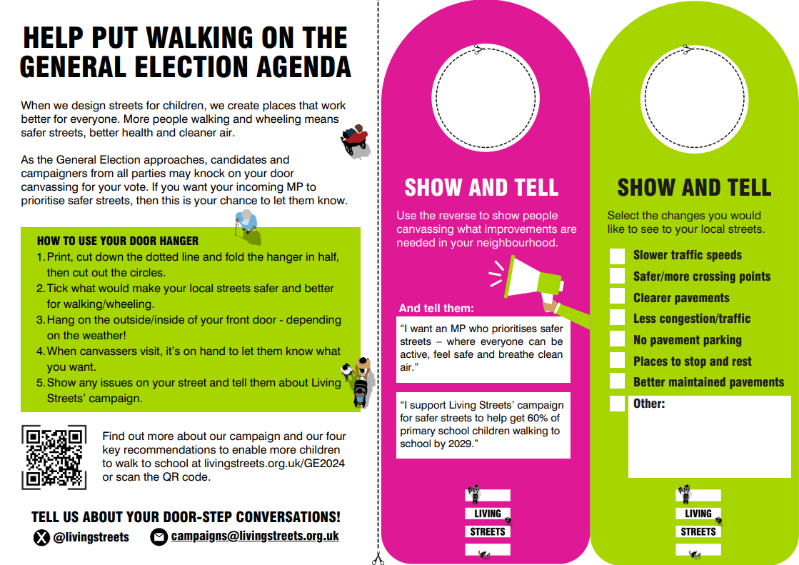 An image of Living Streets 'Safe Streets' door hanger with instructions how-to-use