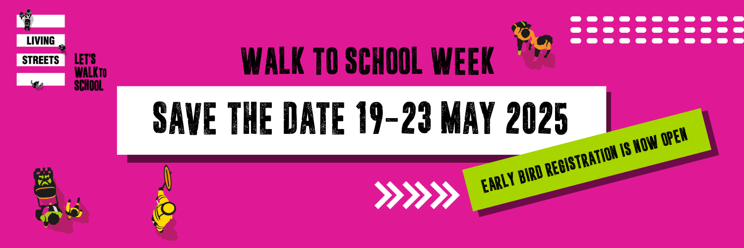 A pink banner reads Walk to School Week Save the date 2025