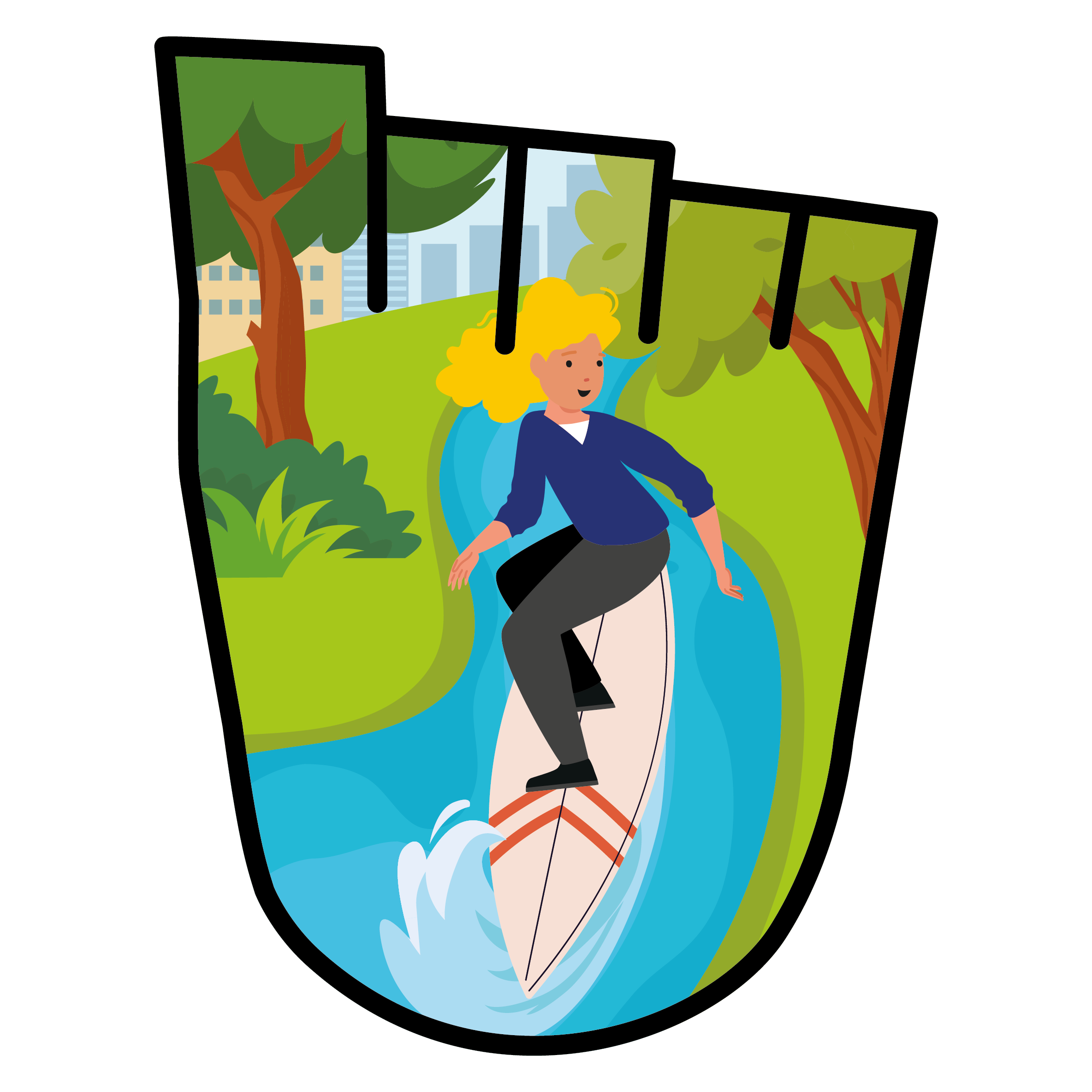 a young girl in school uniform surfs along a river