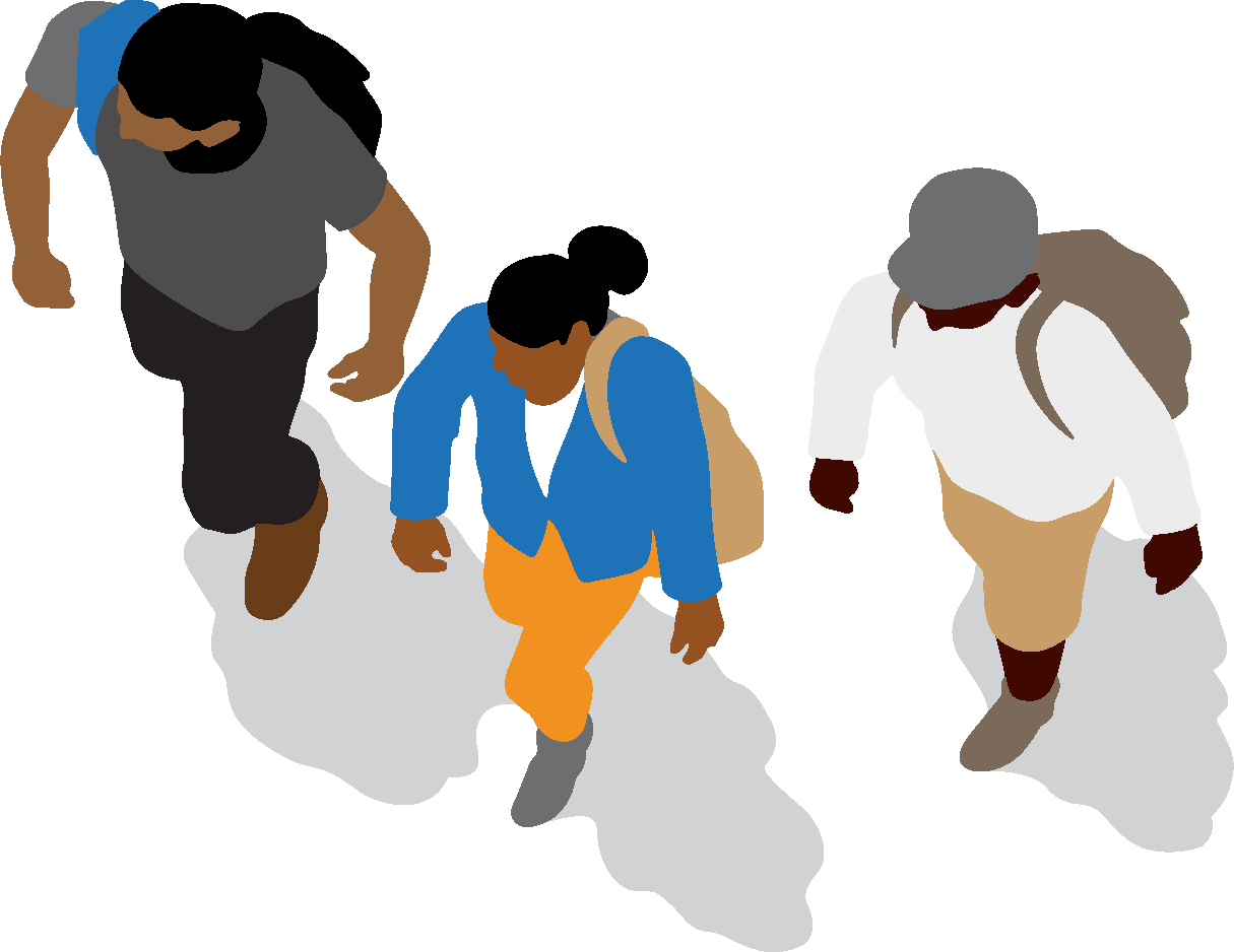 A graphic of three people walking