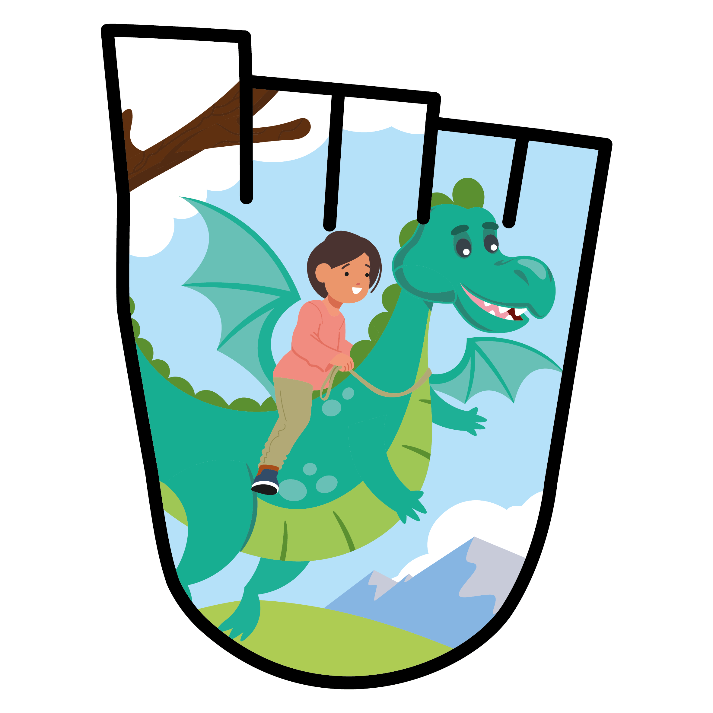 a young girl rides on the back of a green dragon
